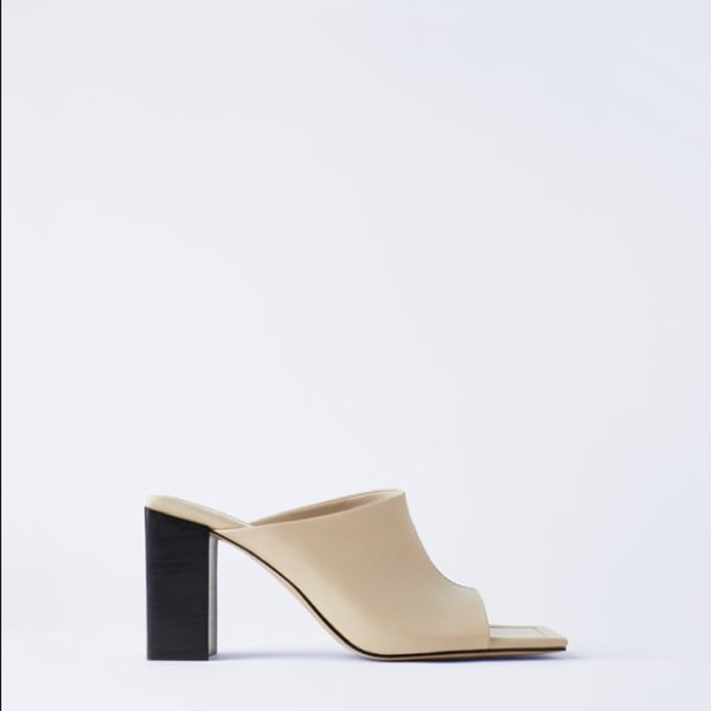 Zara Soft Leather Beige High Heel Mule Sandals